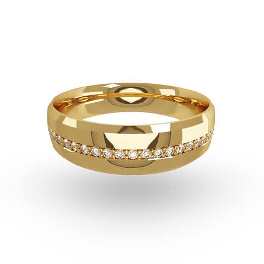 La Argolla de Matrimonio en Oro 14k con Zirconias de ZABULON es una pieza que captura la esencia del compromiso con cada destello. La alineación precisa de zirconias engastadas evoca la constancia y el brillo del amor verdadero.