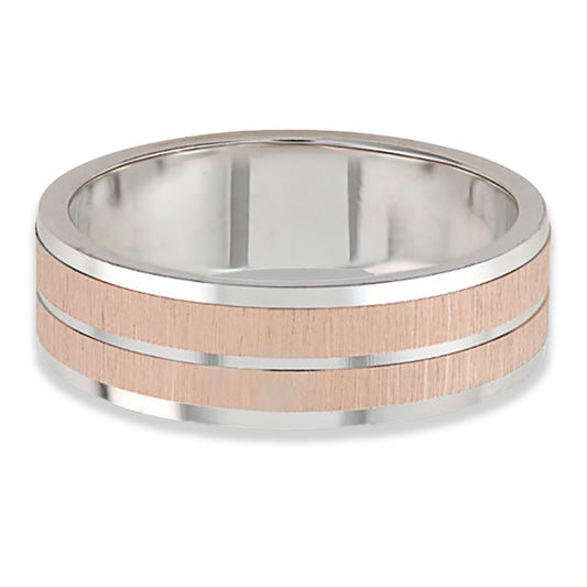 Deje que esta argolla de matrimonio en oro blanco y oro rosa de 14k se convierta en el testimonio eterno de su amor y devoción. Su diseño atemporal, que combina dos tonos metálicos preciosos, refleja la esencia del compromiso, la armonía y la promesa eterna.